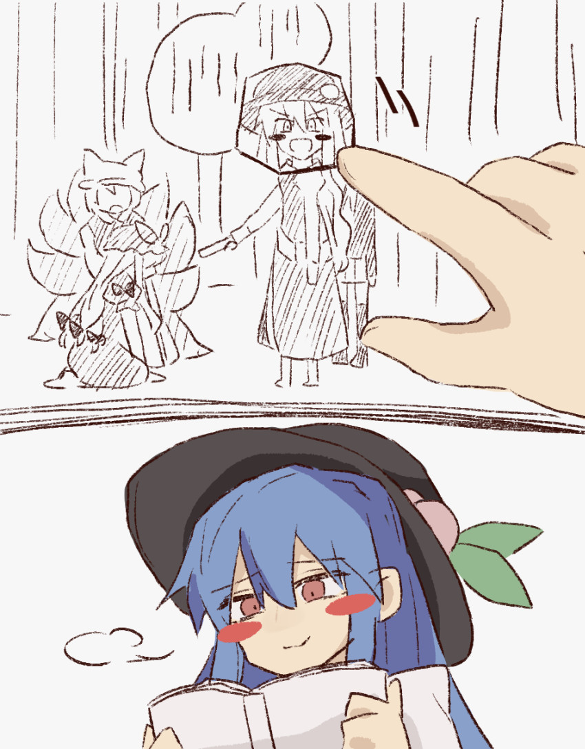 5girls blue_hair blush_stickers food fox_tail fruit hat hinanawi_tenshi kneeling long_hair manga_(object) minoru_minoru mob_cap moon_rabbit_extra_(touhou) multiple_girls peach pointing red_eyes silent_sinner_in_blue tail touhou touhou_bougetsushou watatsuki_no_toyohime yakumo_ran yakumo_yukari