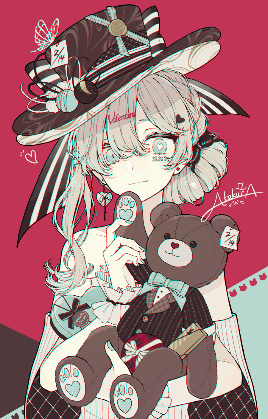 1girl akakura arm_up artist_name bare_shoulders bear bear_paws black_hat box box_of_chocolates commentary_request dated detached_sleeves earrings english_text eyelashes green_eyes grey_hair hair_ornament hair_ribbon hat heart heart-shaped_pupils highres holding holding_stuffed_toy jewelry long_sleeves mismatched_pupils original ribbon short_hair simple_background solo stuffed_toy symbol-shaped_pupils upper_body valentine wide_sleeves