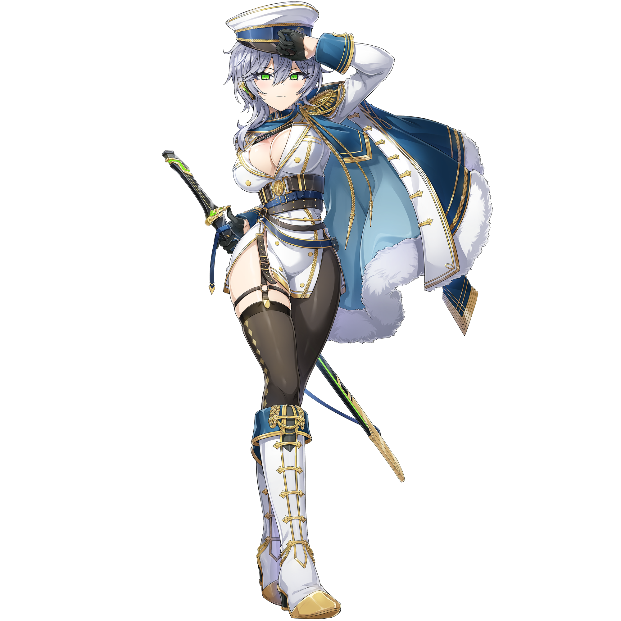 adjusting_clothes adjusting_headwear boots breasts cleavage closed_mouth dolphin_wave game_cg gloves green_eyes hat headgear high_heel_boots high_heels highres holding holding_sword holding_weapon light_blush looking_at_viewer medium_breasts military_hat military_uniform naval_dress_uniform naval_uniform non-web_source official_art ootomo_takuji peaked_cap sarah_anthony sheath sheathed short_hair single_leg_pantyhose single_thighhigh smile sword thighhighs transparent_background weapon