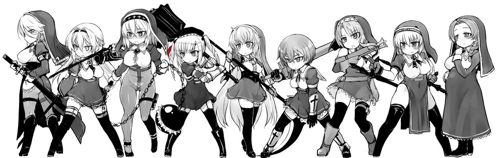 6+girls breasts greyscale inflation large_breasts lilia_(null) long_hair md5_mismatch medium_breasts monochrome multiple_girls null_(nyanpyoun) original resized serena_(null) spot_color thighhighs twintails weapon white_background