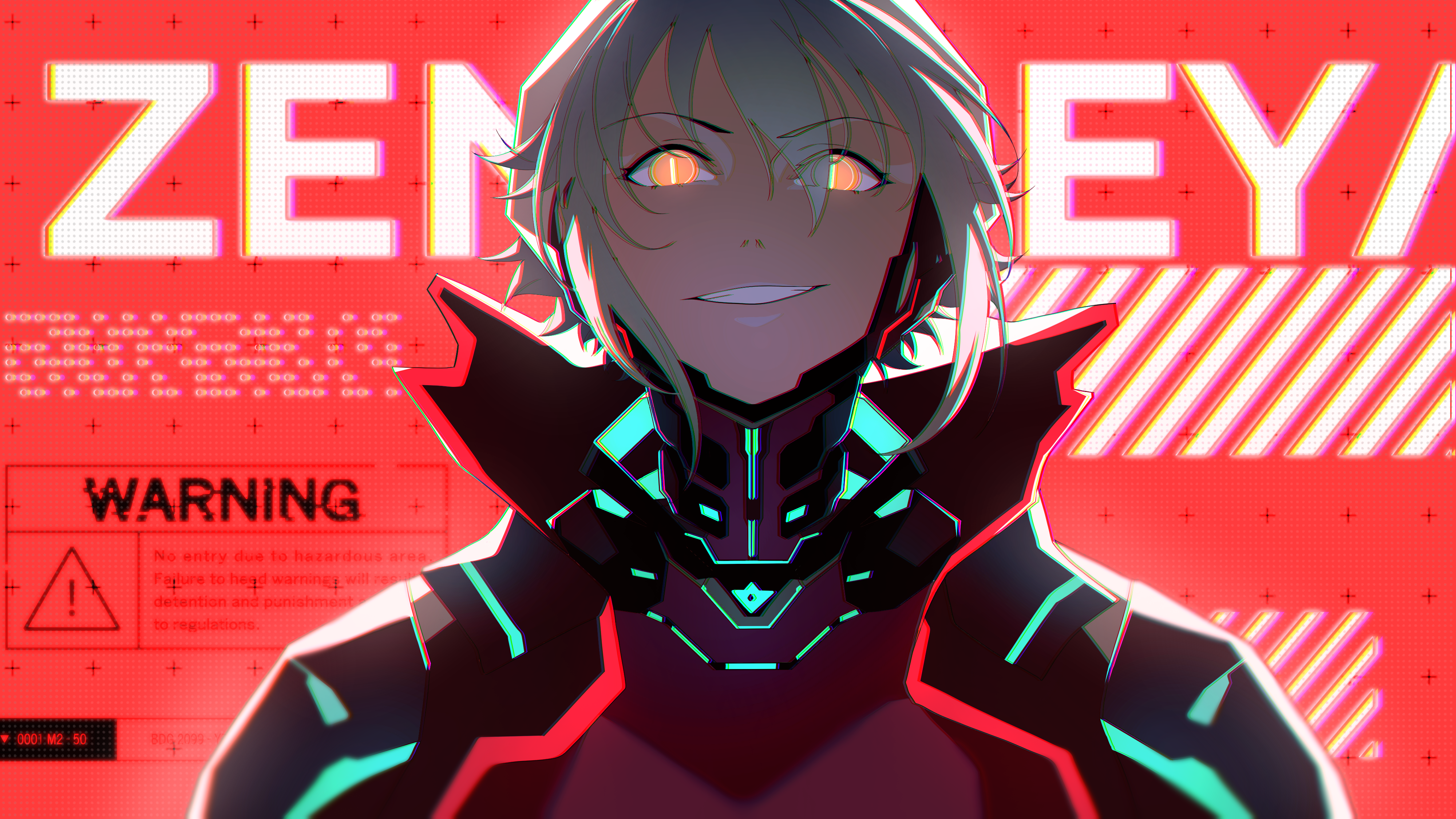 1girl absurdres black_jacket bodysuit character_name chin_guard commentary grey_hair highres horns jacket kuroi_enpitsu looking_at_viewer mechanical_horns open_clothes open_jacket red_background red_bodysuit short_hair slit_pupils smile solo virtual_youtuber vshojo yellow_eyes zentreya zentreya_(cyborg) zentreya_(cyborg)_(1st_costume)