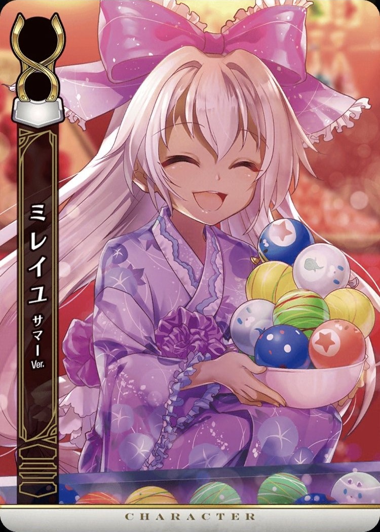 1girl baizu_(guszx) balloon bow bowl character_name closed_eyes dark_skin festival flat_chest food_stand frills grey_hair hair_bow holding holding_bowl japanese_clothes kimono long_hair low-tied_long_hair mireille_lerner night open_mouth pink_hair purple_bow shironeko_project smile solo squatting twintails very_long_hair yatai yukata