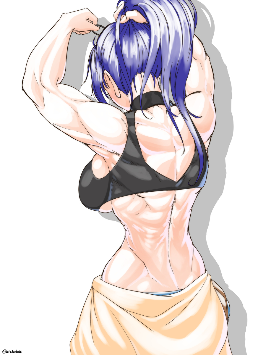breasts butt_crack genjitsu_no_yohane highres krakelak love_live! love_live!_sunshine!! matsuura_kanan muscular muscular_female tagme tying_hair