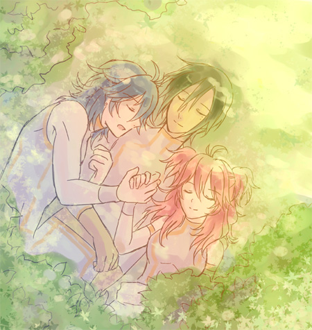 00s 1girl 2boys bad_id bad_pixiv_id brother_and_sister brothers closed_eyes gundam gundam_00 holding_hands jo_(artist) johann_trinity lowres michael_trinity multiple_boys nena_trinity red_hair siblings sleeping smile