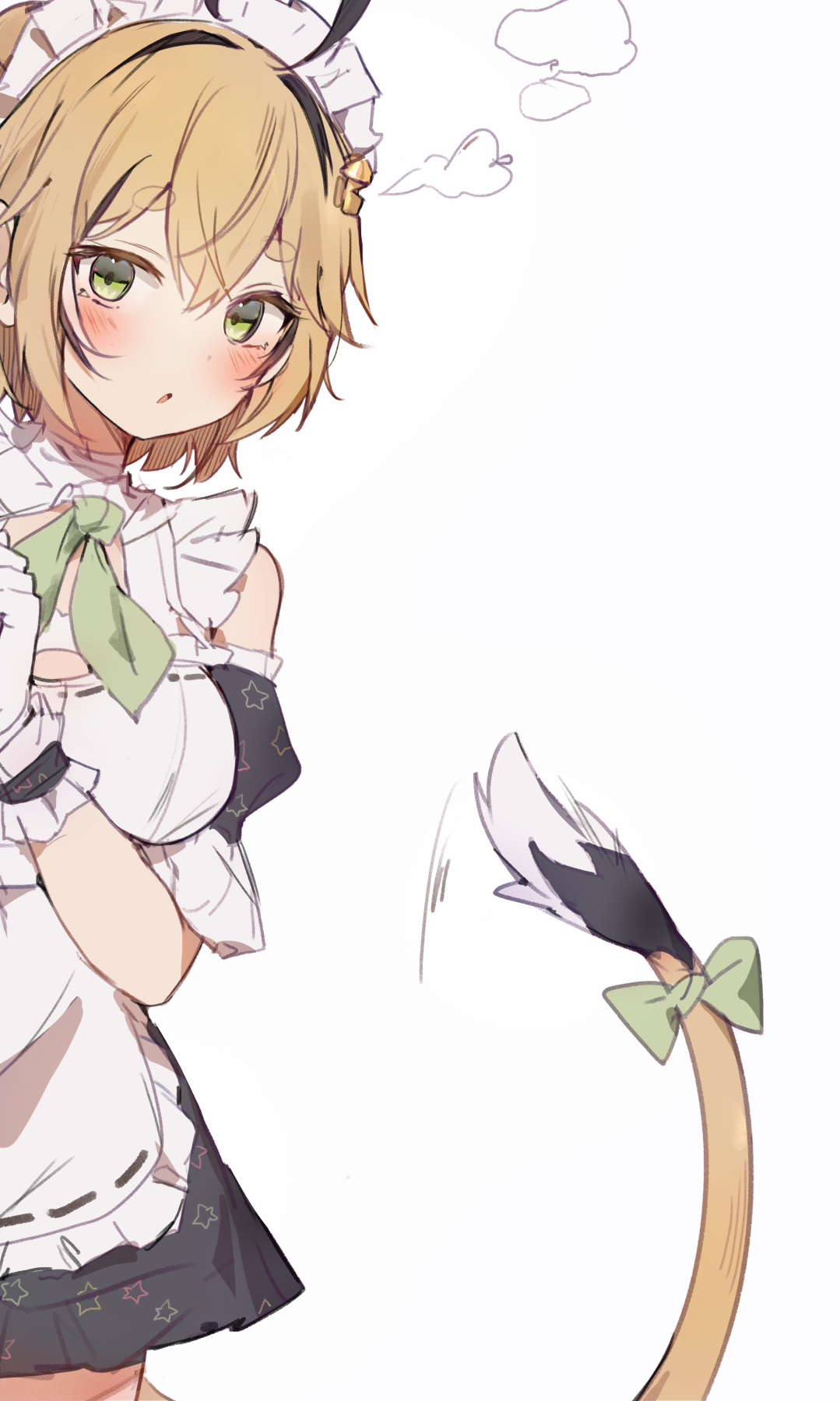 1girl ahoge apron blonde_hair blush dooby_(vtuber) double-parted_bangs frilled_apron frilled_hairband frilled_wrist_cuffs frills gloves green_eyes hair_between_eyes hairband highres indie_virtual_youtuber jerboa_tail maid maid_day maid_headdress orobou peeking_out ribbon short_hair sidelocks simple_background solo star_(symbol) star_print tail tail_ornament tail_ribbon thick_eyebrows virtual_youtuber white_apron white_background white_gloves wrist_cuffs