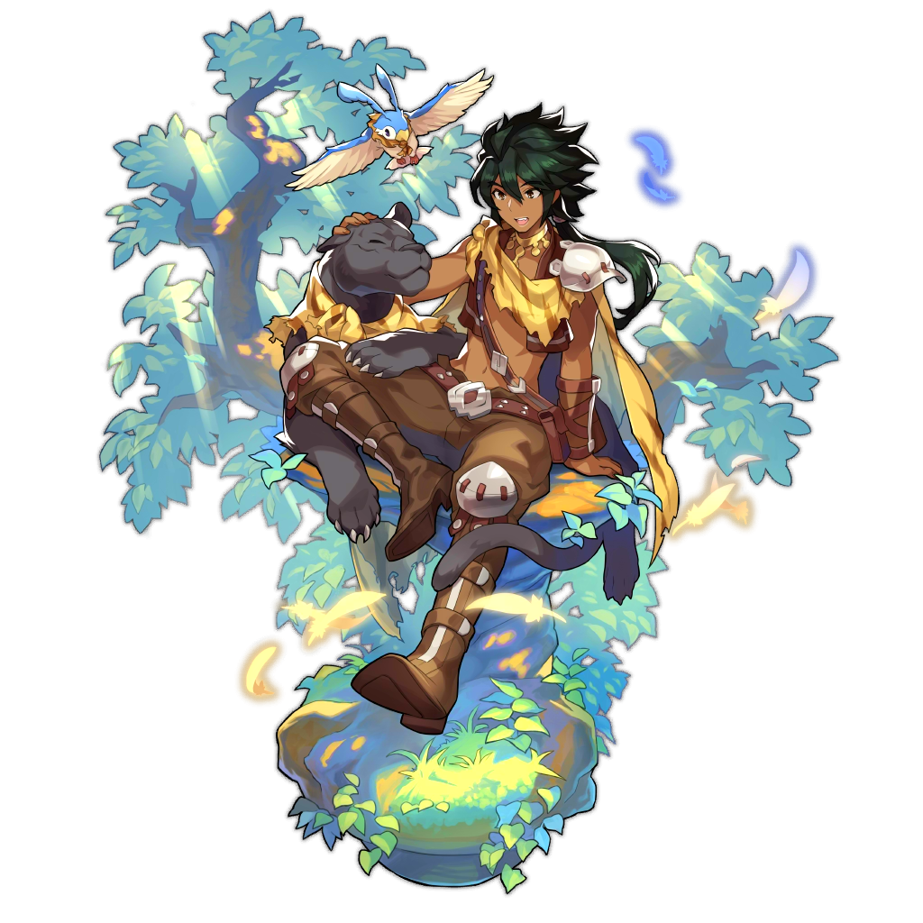 1boy bird brown_eyes cougar dragalia_lost feathers full_body green_hair headpat leaf long_hair male_focus non-web_source official_art plant_roots rawn saitou_naoki sitting solo topless_male transparent_background tree