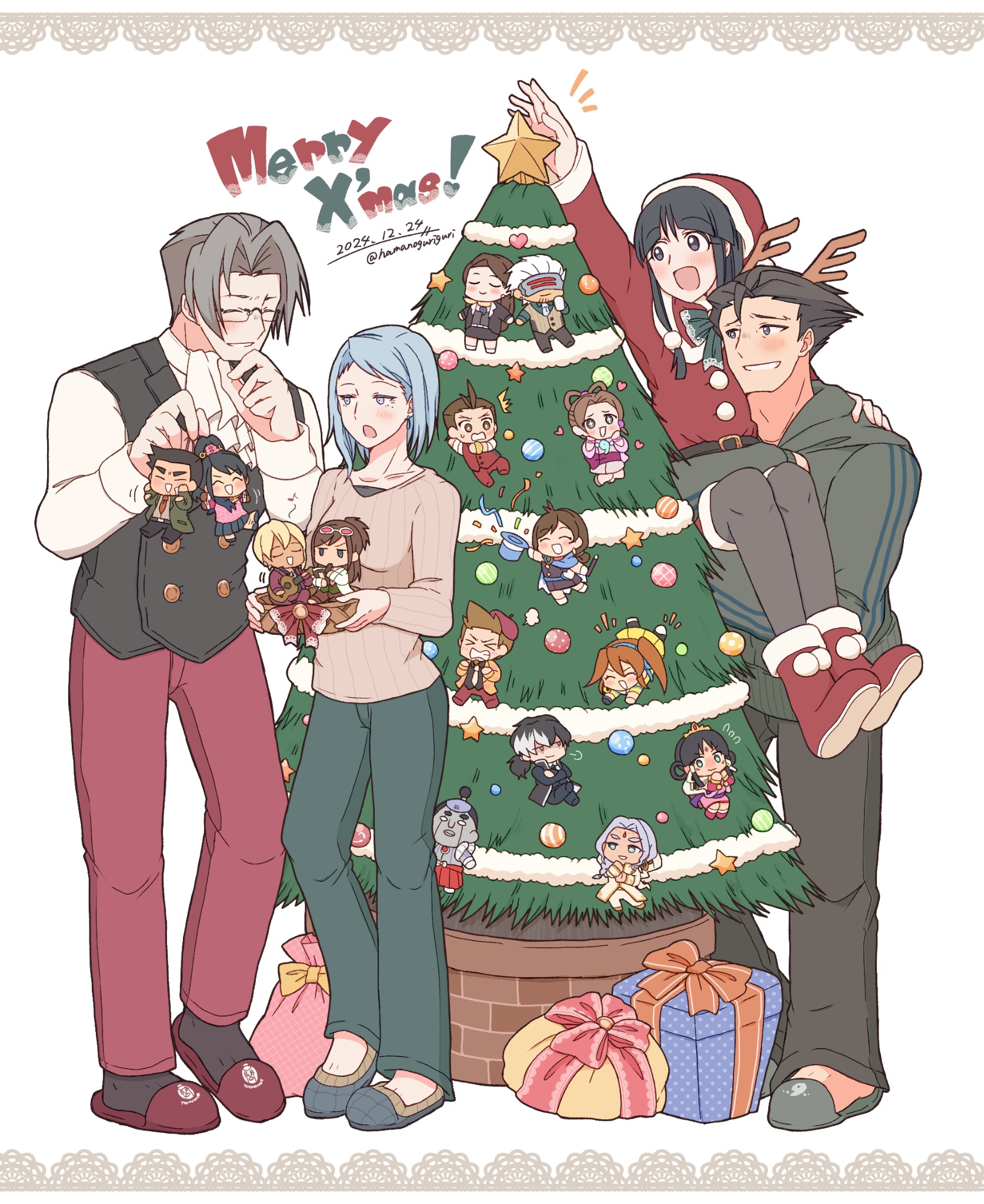 2boys 2girls ace_attorney antlers apollo_justice arm_up ascot athena_cykes basket black_hair black_pants black_vest blue_hair blunt_bangs blush bow box brown_shirt buttons carrying character_doll christmas_tree closed_eyes commentary dick_gumshoe doll double-breasted dress ema_skye franziska_von_karma full_body gift gift_box glasses godot_(ace_attorney) green_bow green_pants grey_eyes grey_hair grey_hoodie hamanoguriguri hat highres holding holding_basket holding_doll hood hoodie horns kay_faraday klavier_gavin larry_butz long_hair maya_fey merry_christmas mia_fey miles_edgeworth multiple_boys multiple_girls nahyuta_sahdmadhi pants pearl_fey phoenix_wright princess_carry rayfa_padma_khura'in red_dress red_pants reindeer_antlers ribbon santa_costume santa_dress santa_hat shirt short_hair simon_blackquill slippers smile spiked_hair standing steel_samurai symbol-only_commentary teeth vest white_ascot white_shirt