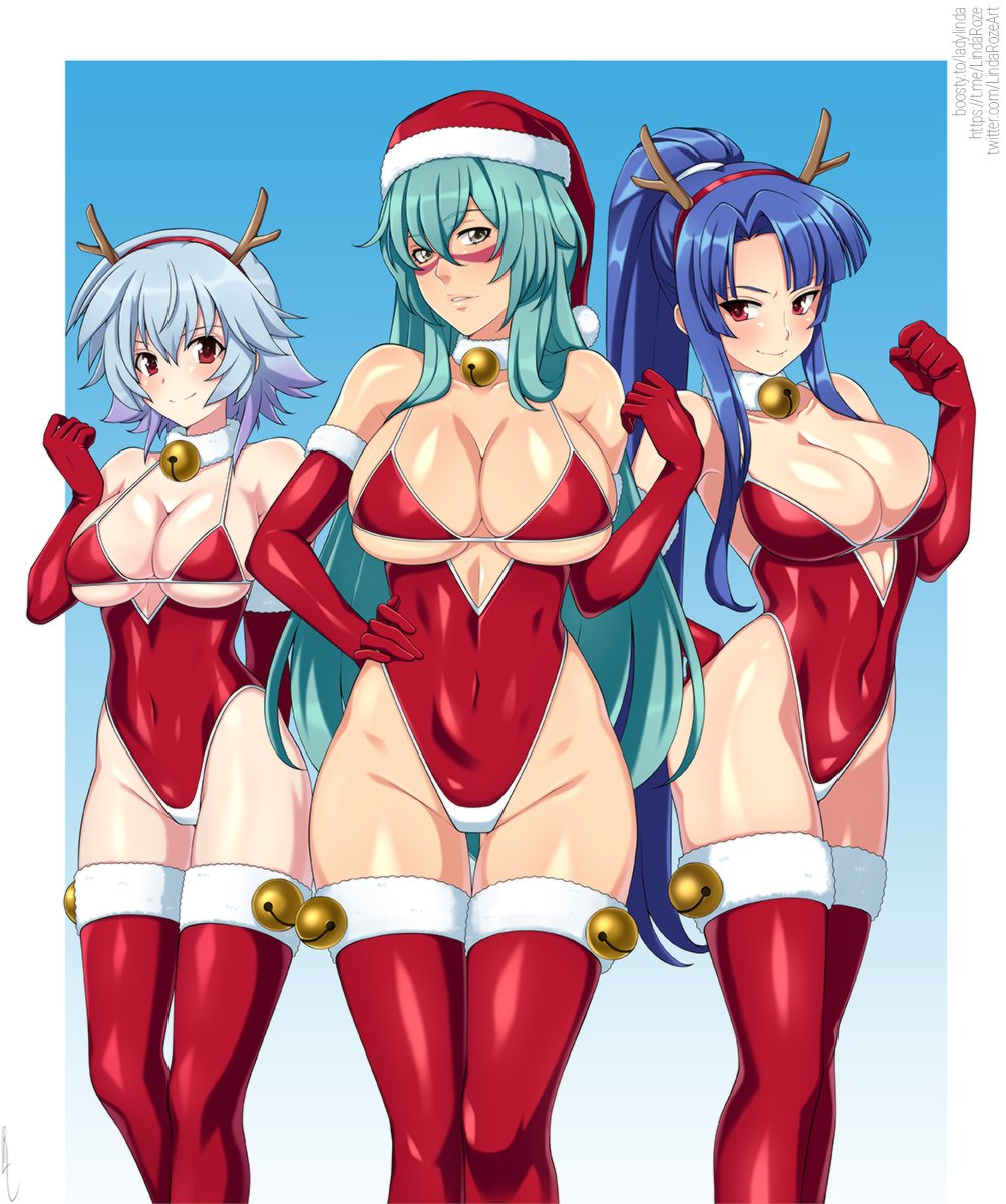 3girls aqua_hair arm_behind_back bare_shoulders bell bikini bleach blue_background blue_hair breasts capelet cleavage closed_mouth collarbone commentary covered_navel crossover elbow_gloves english_commentary fake_antlers feet_out_of_frame female_focus fur-trimmed_headwear fur-trimmed_thighhighs fur_collar fur_trim gloves gradient_background gradient_hair groin hair_between_eyes hairband hand_on_own_hip hand_up hat high_ponytail highleg highres infinite_stratos jingle_bell large_breasts lindaroze long_hair looking_at_viewer multicolored_hair multiple_crossover multiple_girls neck_bell nelliel_tu_odelschwanck parted_bangs parted_lips ponytail red_bikini red_capelet red_eyes red_gloves red_hairband red_thighhighs santa_hat sarashiki_tatenashi skindentation smile swimsuit taimanin_(series) thigh_gap thighhighs twitter_username underboob very_long_hair watermark web_address white_background yatsu_murasaki