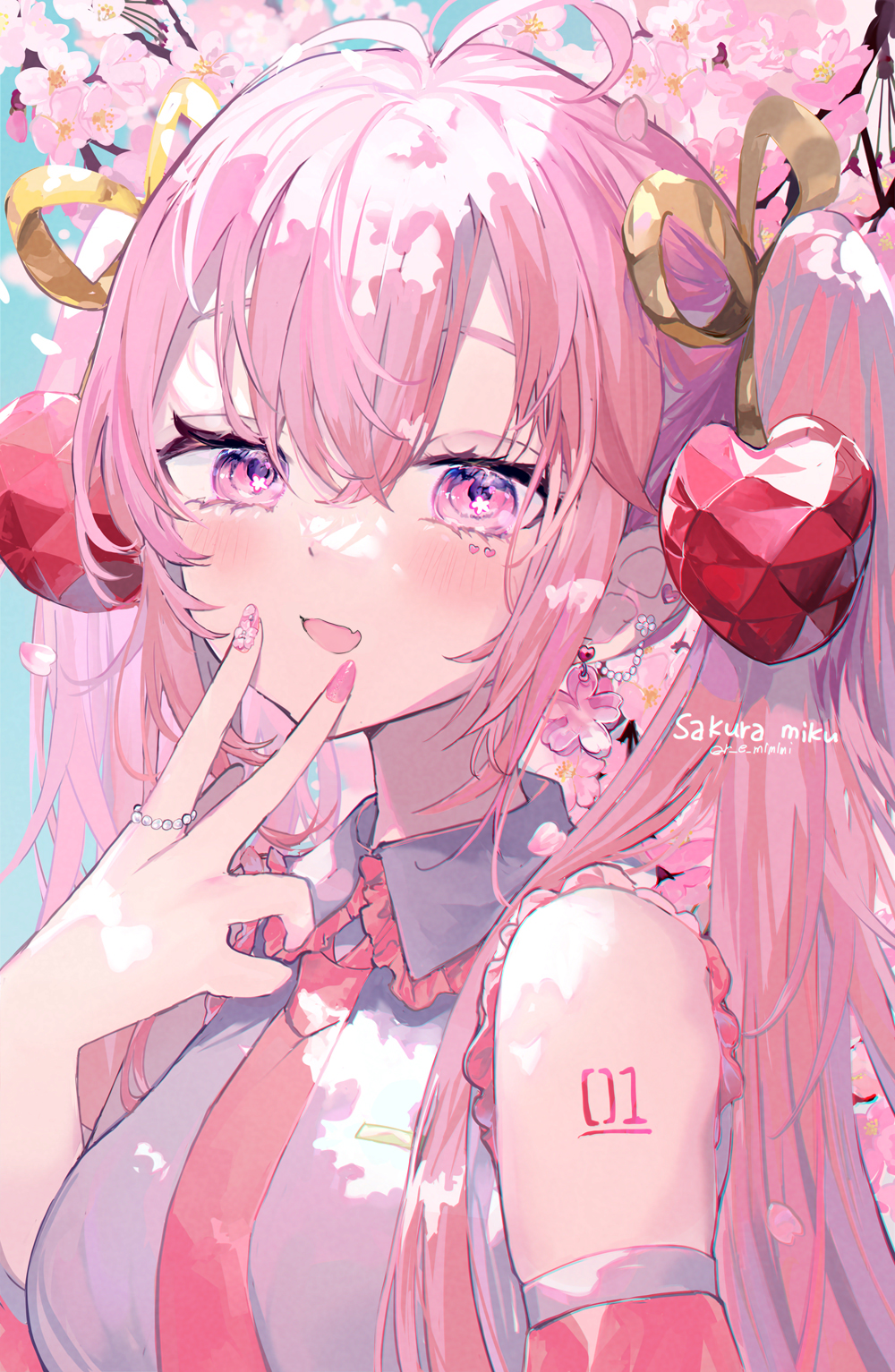 1girl apple_hair_ornament bare_shoulders bow breasts cherry_blossoms crystal_apple crystal_hair_ornament detached_sleeves earrings falling_petals fingernails flower flower_earrings flower_in_eye food-themed_hair_ornament hair_between_eyes hair_bow hair_ornament hand_on_own_face hatsune_miku highres jewelry long_hair looking_at_viewer medium_breasts necktie open_mouth outdoors pearl_earrings petals pink_eyes pink_flower pink_hair pink_nails ring sakura_miku sakurato_remi sideburns smile solo stud_earrings symbol_in_eye tree twintails v vocaloid