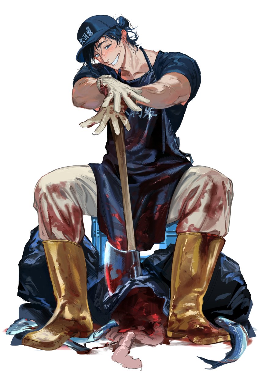 1boy apron atie1225 axe black_apron black_hair blood blood_on_clothes blush boots fish gloves grin hair_bun highres holding holding_wrench looking_at_viewer male_focus original own_hands_together pants rubber_boots single_hair_bun sitting smile sweat teeth white_gloves white_pants work_boots work_gloves wrench yellow_boots