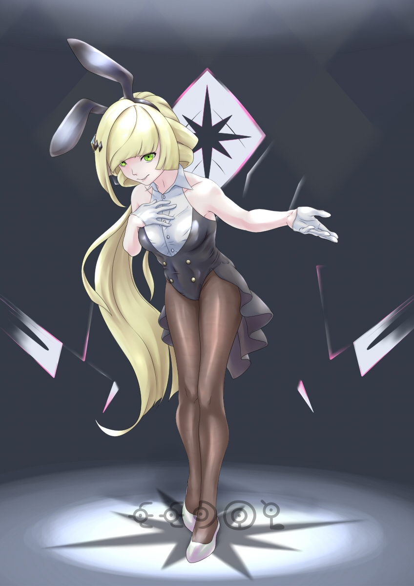 1girl adapted_costume black_background blonde_hair collarbone creatures_(company) eedol game_freak gen_2_pokemon gen_7_pokemon gloves green_eyes hands_on_own_chest highres legendary_pokemon leotard long_hair lusamine_(pokemon) lusamine_(sygna_suit)_(pokemon) necrozma nintendo orange_shoes over-kneehighs pantyhose playboy_bunny pokemon pokemon_(creature) pokemon_masters_ex shoes solo_focus standing thighhighs unown unown_d unown_e unown_l unown_o very_long_hair watermark white_gloves white_shoes