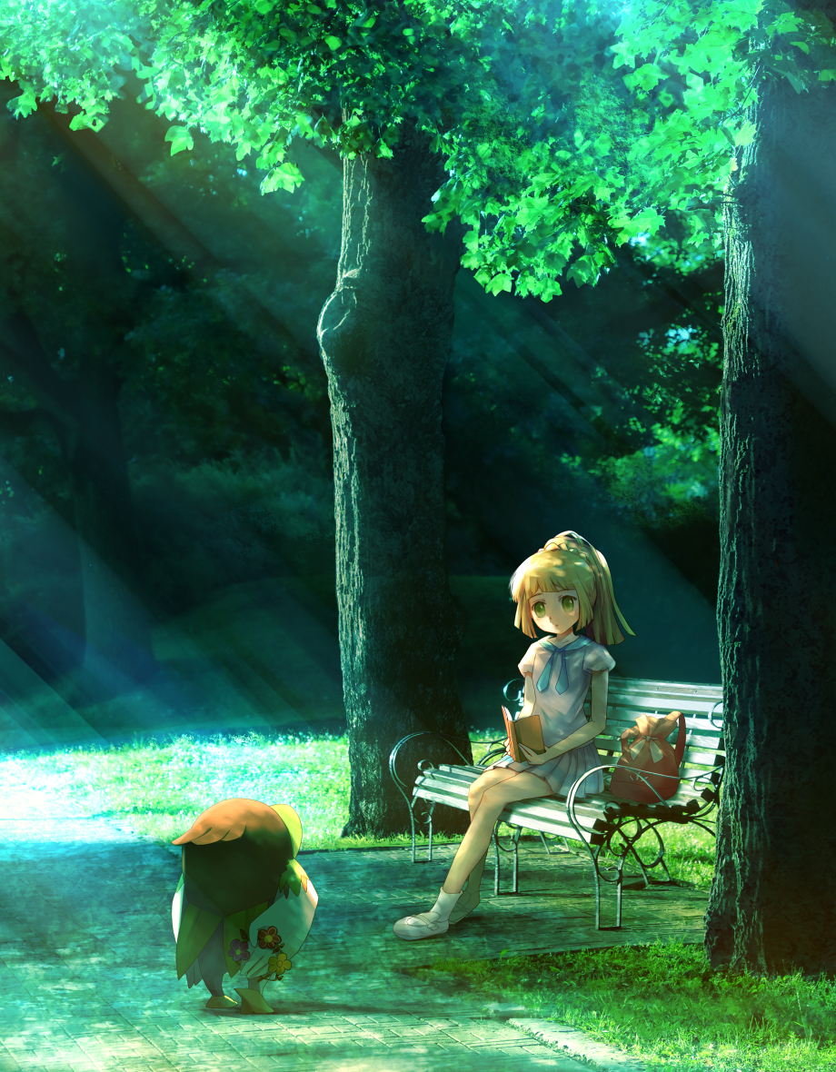 1girl backpack bag bare_arms bare_legs bench blonde_hair blue_neckwear blunt_bangs book braid commentary_request dappled_sunlight dartrix day flower gen_7_pokemon grass green_eyes holding holding_book leaf light_rays lillie_(pokemon) long_hair looking_at_another miniskirt nintendo open_book outdoors park_bench parted_lips pokemon pokemon_(creature) pokemon_sm ponytail ponytail_with_braided_base puffy_short_sleeves puffy_sleeves purple_flower red_flower ribero shirt shoes short_sleeves sitting skirt socks sunlight tree unworn_backpack unworn_bag white_footwear white_legwear white_shirt white_skirt yellow_flower