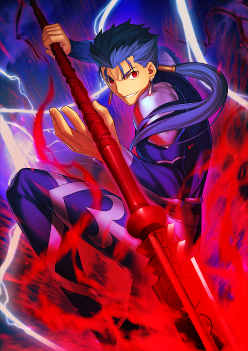 1boy armor blue_bodysuit blue_hair bodysuit cu_chulainn_(fate) cu_chulainn_(fate/stay_night) earrings fate/grand_order fate_(series) gae_bolg_(fate) holding holding_polearm holding_weapon jewelry long_hair long_sleeves looking_at_viewer magic male_focus noble_phantasm_(fate) official_art pauldrons polearm ponytail red_eyes shoulder_armor smile solo spear takeuchi_takashi third-party_source v-shaped_eyebrows weapon