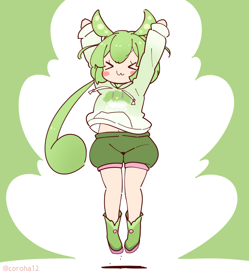 arms_up closed_eyes coroha full_body green_background green_hair green_hoodie green_shoes green_shorts hood hoodie jumping long_hair ponytail shoes shorts simple_background solo thighhighs voiceroid voicevox white_thighhighs zundamon