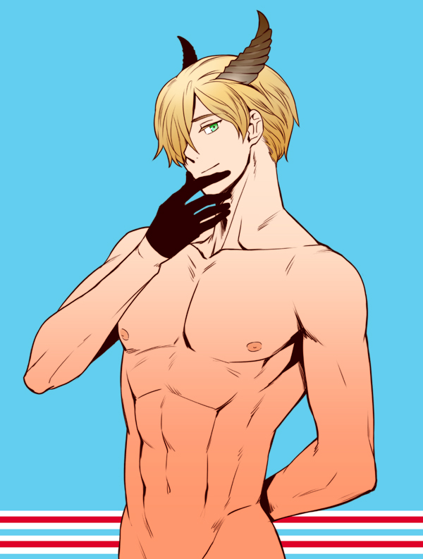 1boy abs axis_powers_hetalia blonde_hair blue_background gloves green_eyes hair_over_one_eye horns luxembourg_(hetalia) male_focus nude out-of-frame_censoring rebasashi simple_background solo