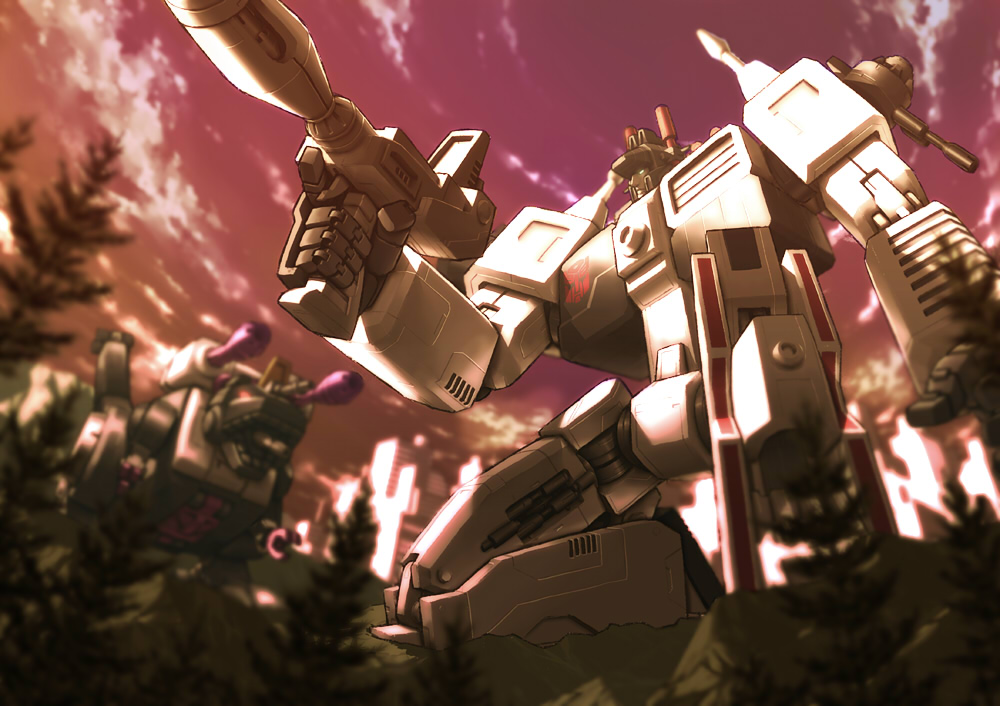 blurry cloud depth_of_field from_below gun handgun mecha metroplex no_humans on_one_knee open_mouth outdoors robot sky transformers tree trypticon weapon yorozu