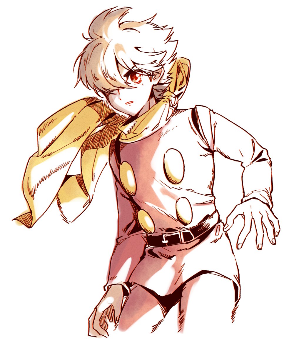 1boy ahoge belt black_belt brown_eyes brown_hair buttons coat cyborg cyborg_009 dynamic_pose hair_over_face hair_over_one_eye kiyose_akame looking_at_viewer pants red_coat red_pants scarf shimamura_joe short_hair soldier upper_body yellow_scarf