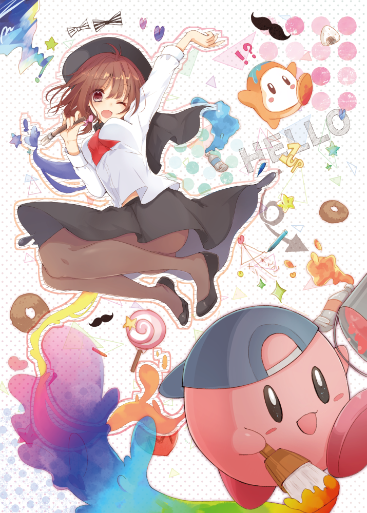 !? 1girl 1up :d ;d arm_up ascot backwards_hat baseball_cap black_footwear black_hat black_skirt blue_hat blush_stickers brown_hair brown_pantyhose candy commentary_request crossover donut facial_hair food hat heart jumping kirby kirby_(series) lollipop mustache natsuki_(ukiwakudasai) nintendo one_eye_closed onigiri open_mouth paint_can paint_kirby paint_tube paintbrush pantyhose polka_dot polka_dot_background rainbow_order shirt shoes short_hair skirt smile star_(symbol) swirl_lollipop touhou usami_renko waddle_dee white_background white_shirt