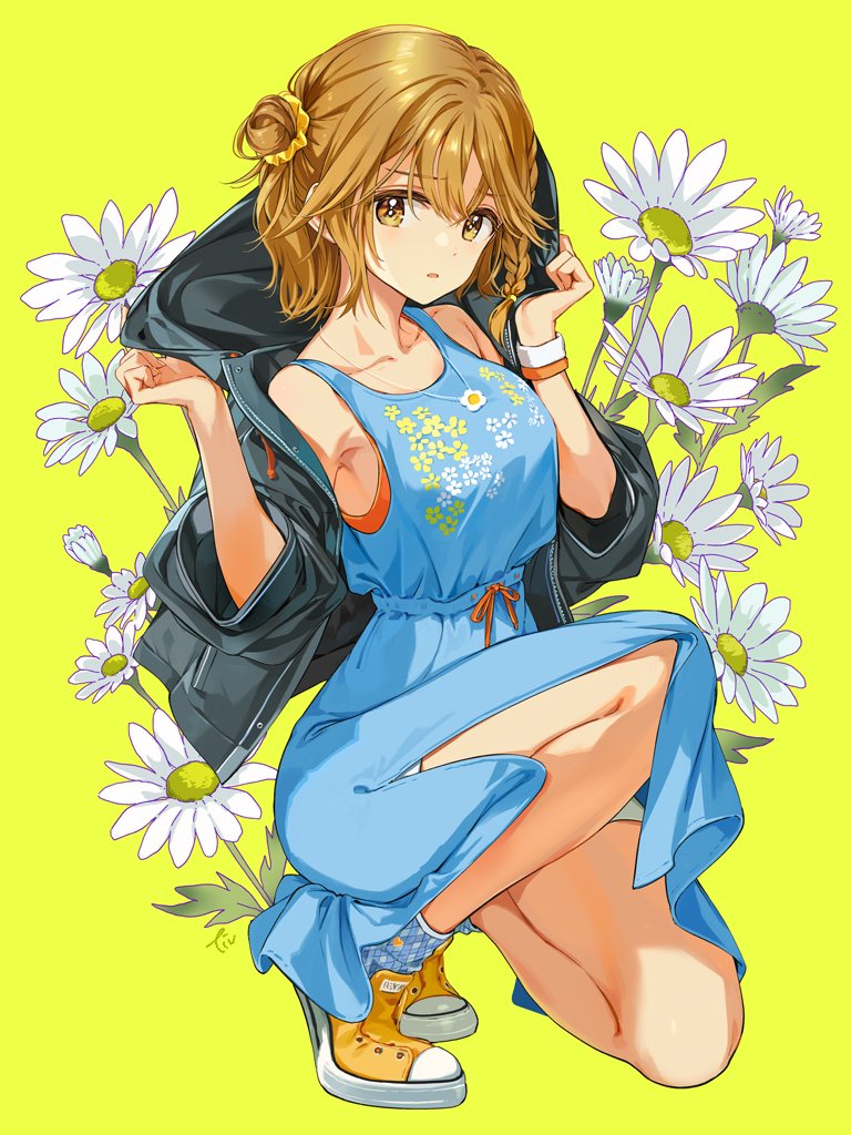 1girl brown_eyes brown_hair koiwai_yoshino masamune-kun_no_revenge on_one_knee solo tiv yellow_background