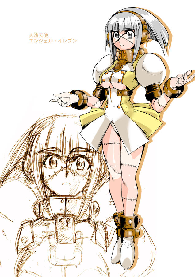 1girl android breasts reference_sheet collar dress ez6 female_focus grey_eyes grey_hair partially_colored scar solo stitches underboob white_background
