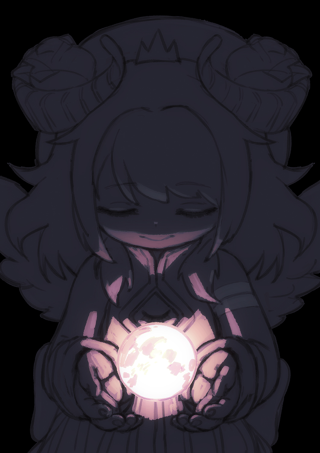 1girl amaryllis_gumi arm_warmers closed_eyes closed_mouth cowboy_shot cupping_hands demon_girl dress facing_viewer feral_lemma flower greyscale hair_flower hair_ornament hands_up highres horns long_hair miniature monochrome moon object_floating_above_hand own_hands_together pink_moon rose simple_background sleeveless sleeveless_dress solo spot_color standing straight-on underlighting virtual_youtuber wings yotsutsuji_mayoi