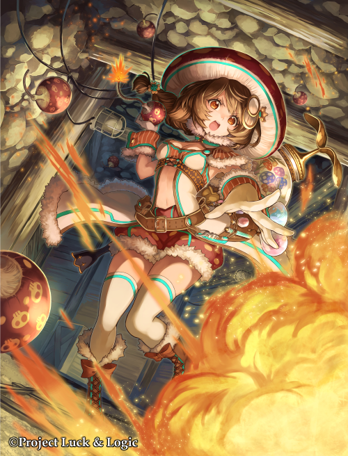 :d bomb boots breasts brown_boots brown_eyes cleavage copyright_name explosion explosive foreshortening hair_ornament hat holding holding_bomb indoors lace-up_boots lit_fuse luck_&amp;_logic medium_breasts mineshaft mito_itsuki mushroom_hat nanahoshi_yukari official_art open_mouth outstretched_hand red_hat red_shorts short_hair shorts smile solo standing standing_on_one_leg tagme thighhighs throwing v-shaped_eyebrows white_thighhighs