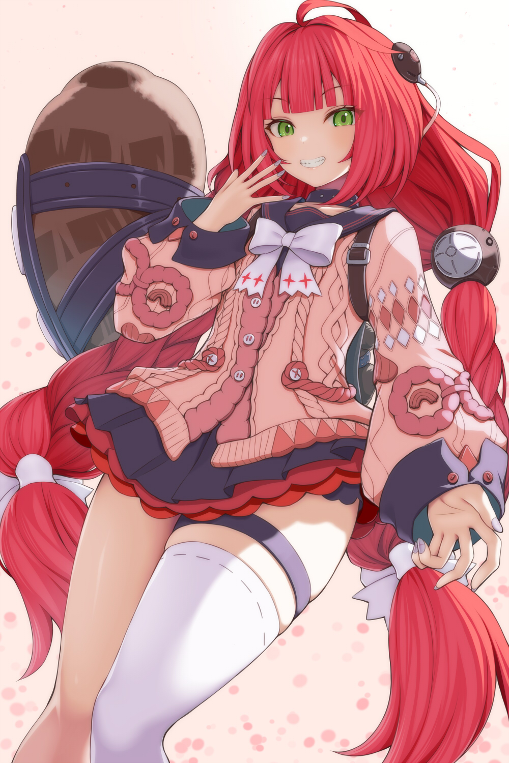 1girl asamura_hiori black_sailor_collar black_skirt bow commentary_request green_eyes grin hand_to_own_mouth hand_up highres jacket long_hair long_sleeves looking_at_viewer pink_jacket pleated_skirt puffy_long_sleeves puffy_sleeves red_hair revision sailor_collar simple_background single_thighhigh skirt smile solo thigh_strap thighhighs ukinami_yuzuha very_long_hair white_background white_bow white_thighhighs zenless_zone_zero