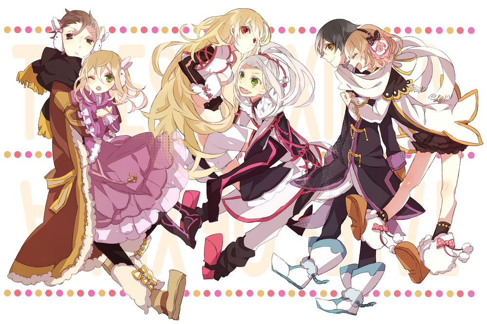 3boys 3girls alvin_(tales) bad_id bad_pixiv_id black_hair blonde_hair boots brown_eyes brown_hair chidori_(@rom) dress elize_lutus full_body green_eyes hug hug_from_behind ivar_(tales) jude_mathis leia_rolando long_hair milla_maxwell multiple_boys multiple_girls parted_bangs purple_footwear red_eyes short_hair tabard tales_of_(series) tales_of_xillia white_hair