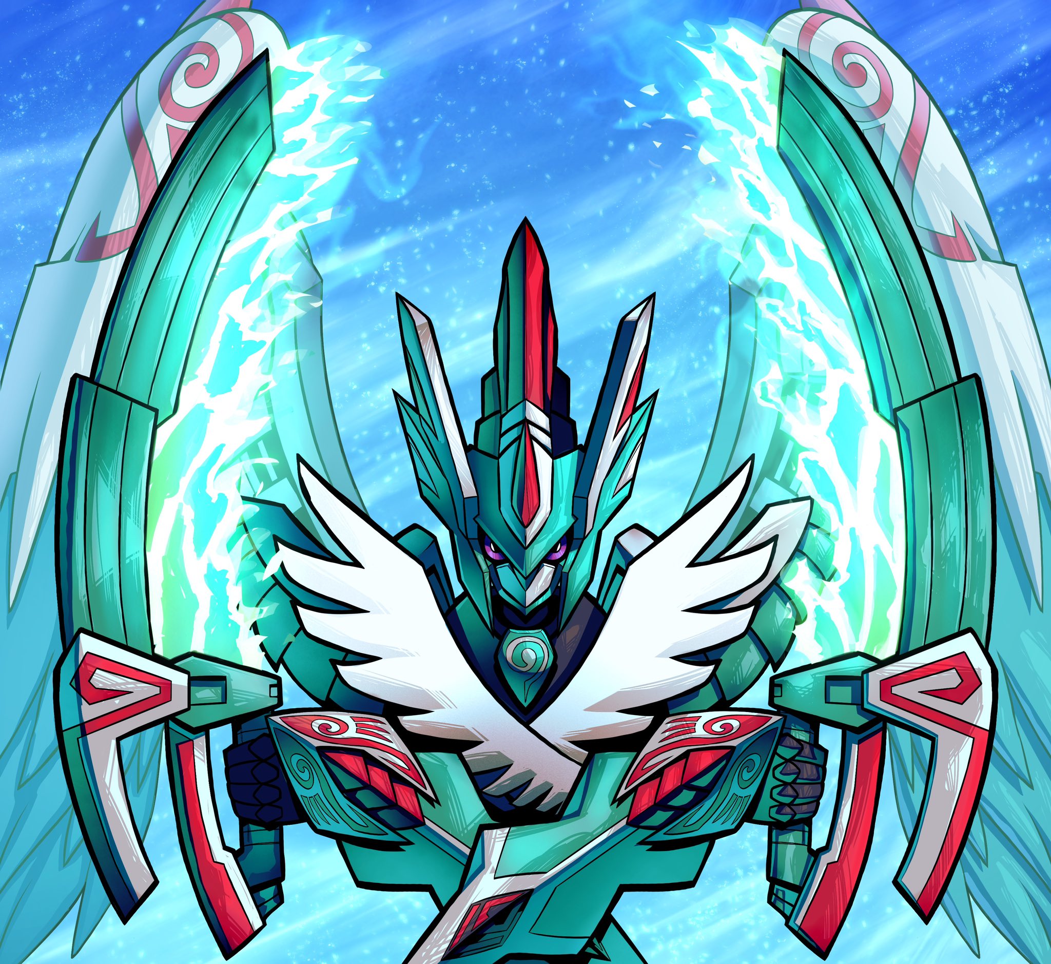 armor blue_background blue_sky digimon digimon_(creature) digimon_liberator dual_wielding energy_blade energy_sword feathered_wings fire full_armor glowing glowing_sword glowing_weapon green_armor green_fire highres holding lbrightbladel multiple_wings purple_eyes sky solo sword upper_body weapon white_wings wings x_arms zephagamon