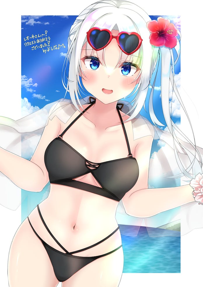 1girl :d alternate_costume bikini black_bikini blue_eyes blue_sky blush breasts collarbone commentary_request commission cowboy_shot curvy day eyelashes eyes_visible_through_hair eyewear_on_head flower hair_between_eyes hair_flower hair_ornament halterneck happy heart heart-shaped_eyewear long_hair looking_at_viewer medium_breasts midriff navel ocean open_mouth outdoors pink_scrunchie red_flower scrunchie senren_banka shy side_ponytail sidelocks signature skeb_commission sky smile solo standing stomach sunglasses swimsuit tomotake_yoshino w_arms white_hair wrist_scrunchie yosh1na