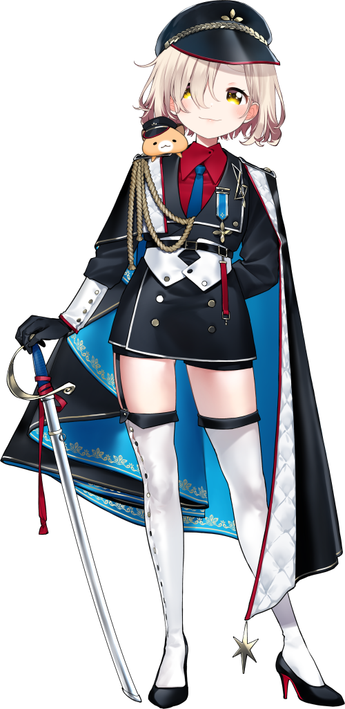 1girl aiguillette animal animal_on_shoulder arm_behind_back belt belt_buckle black_belt black_cape black_gloves black_hat black_jacket black_shoes black_shorts blonde_hair blue_necktie blush buckle buttons cape closed_mouth collared_shirt double-breasted full_body gloves gonzalez_(machita_chima) hair_over_one_eye hamster hamster_on_shoulder hand_on_hilt hat high_heels jacket kurihara_sakura leaning_to_the_side legwear_garter looking_at_viewer machita_chima machita_chima_(5th_costume) medal military_uniform necktie nijisanji official_alternate_costume official_alternate_hairstyle official_art peaked_cap pumps red_shirt saber_(weapon) second-party_source sheath sheathed shirt shoes short_eyebrows short_shorts shorts shoulder_boards smile solo sword tachi-e thick_eyebrows thighhighs thighs transparent_background two-sided_cape two-sided_fabric virtual_youtuber weapon white_sleeve_cuffs white_thighhighs yellow_eyes