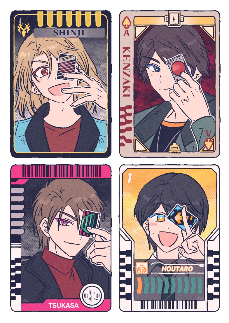 4boys barcode brown_hair card holding holding_card ichinose_houtarou kadoya_tsukasa kamen_rider kamen_rider_blade kamen_rider_blade_(series) kamen_rider_decade kamen_rider_gotchard kamen_rider_gotchard_(series) kamen_rider_ryuki kamen_rider_ryuki_(series) kenzaki_kazuma kidou_shinji mok921 multiple_boys necktie open_mouth red_eyes red_shirt shirt smile