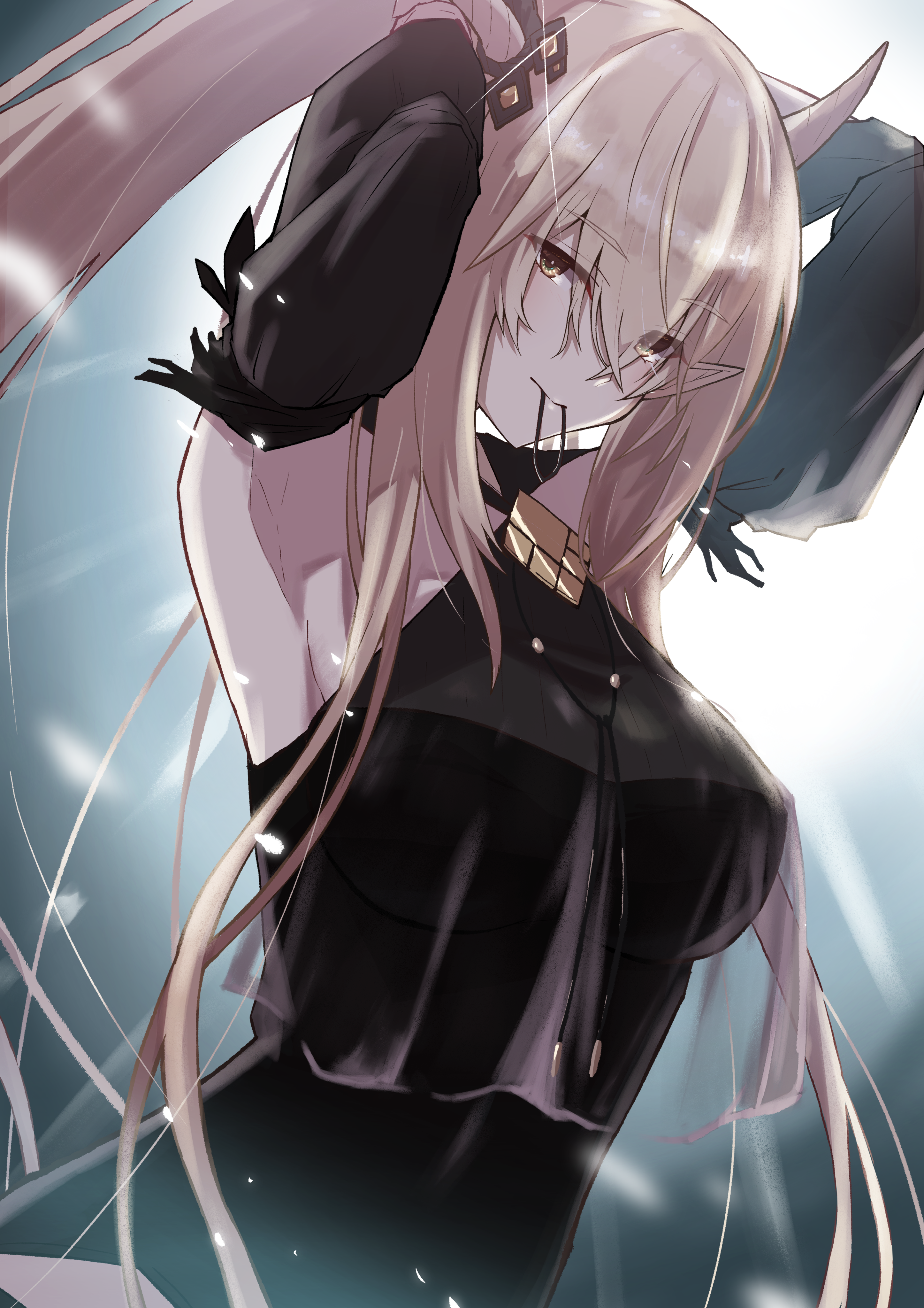 1girl absurdres arknights armpits arms_up backlighting black_one-piece_swimsuit breasts brown_eyes brown_hair casual_one-piece_swimsuit closed_mouth gradient_background highres holding holding_own_hair horns large_breasts long_hair looking_at_viewer official_alternate_costume one-piece_swimsuit pointy_ears see-through_clothes shining_(arknights) shining_(silent_night)_(arknights) solo sparkle swimsuit tying_hair upper_body very_long_hair wn_(wani-noko)