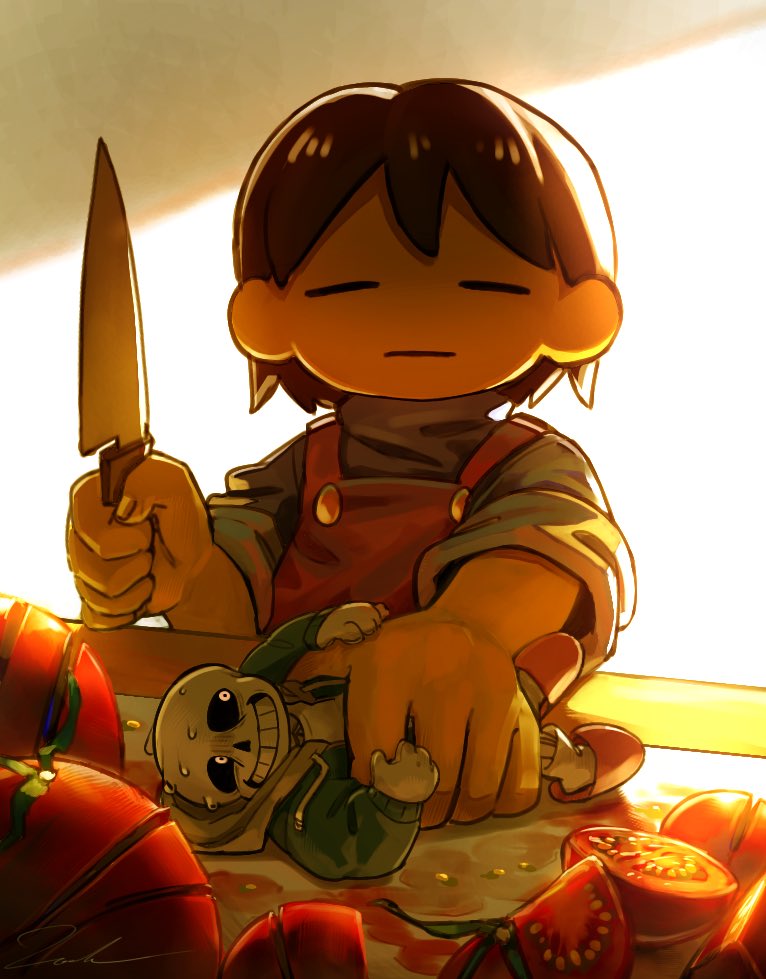 1boy 1other blue_jacket brown_hair closed_eyes closed_mouth frisk_(undertale) giant grin holding holding_another&#039;s_waist holding_knife hollow_eyes jacket knife korokor59513559 pink_slippers pinned sans_(undertale) scared short_hair skeleton slippers smile sweat teeth undertale