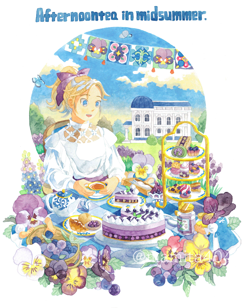 blonde_hair blue_eyes blueberry bug butterfly cake cake_slice cake_stand creamer_(vessel) cup cupcake english_text engrish_text fairy food food_focus fruit fruit_tart highres holding holding_cup insect jam macaron mamita404 multiple_girls original painting_(medium) pastry plant purple_skirt ranguage saucer scone shirt skirt swiss_roll table tablecloth tart_(food) tea tea_party tea_set teacup teapot tiered_tray traditional_media viola_tricolor watercolor_(medium) white_shirt