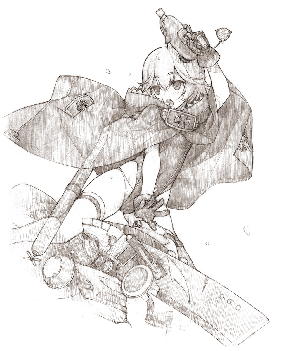 1girl azur_lane cloak covered_navel cross gluteal_fold greyscale gun hair_between_eyes hand_up hashimoto_takashi highleg highleg_one-piece_swimsuit highres holding holding_gun holding_weapon hood hooded_cloak iron_cross monochrome one-piece_swimsuit open_mouth short_hair simple_background solo swimsuit thighhighs torpedo u-110_(azur_lane) weapon white_background