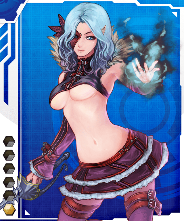 1girl aqua_hair blue_eyes breasts card_(medium) female_focus gradient_background lilith-soft medium_breasts navel pointy_ears skirt solo taimanin_(series) taimanin_asagi_battle_arena_all_card_gallery taimanin_asagi_kessen_arena underboob weapon