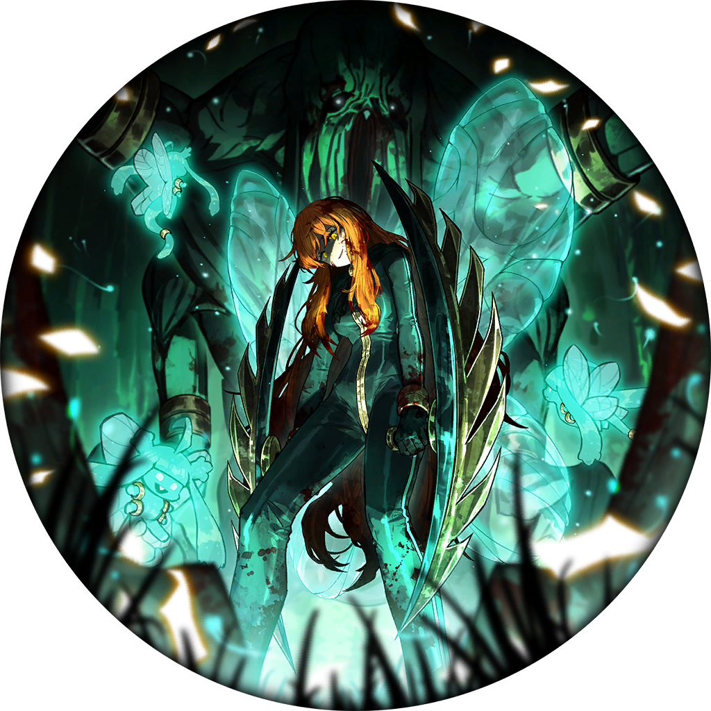 1girl ascot bladed_tonfa blood blood_in_hair blood_on_clothes blood_on_face bodysuit closed_mouth e.g.o_(project_moon) fairy_festival game_cg glowing glowing_eyes green_bodysuit holding holding_weapon ishmael_(project_moon) library_of_ruina light_smile limbus_company long_hair looking_at_viewer monster nai_ga official_art orange_hair project_moon solo standing very_long_hair weapon wingbeat_(e.g.o) yellow_eyes