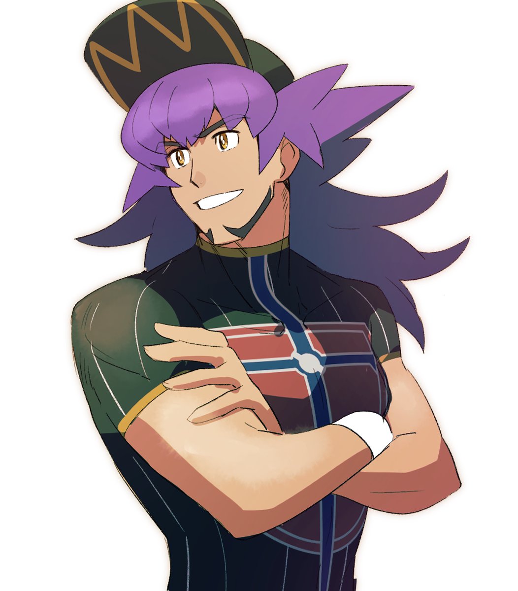 1boy baseball_cap bright_pupils champion_uniform crossed_arms dark-skinned_male dark_skin facial_hair grin hat highres leon_(pokemon) long_hair looking_to_the_side male_focus morio_(poke_orio) nintendo pokemon pokemon_swsh purple_hair shield_print shirt short_sleeves simple_background smile solo sword_print teeth upper_body white_background white_pupils yellow_eyes