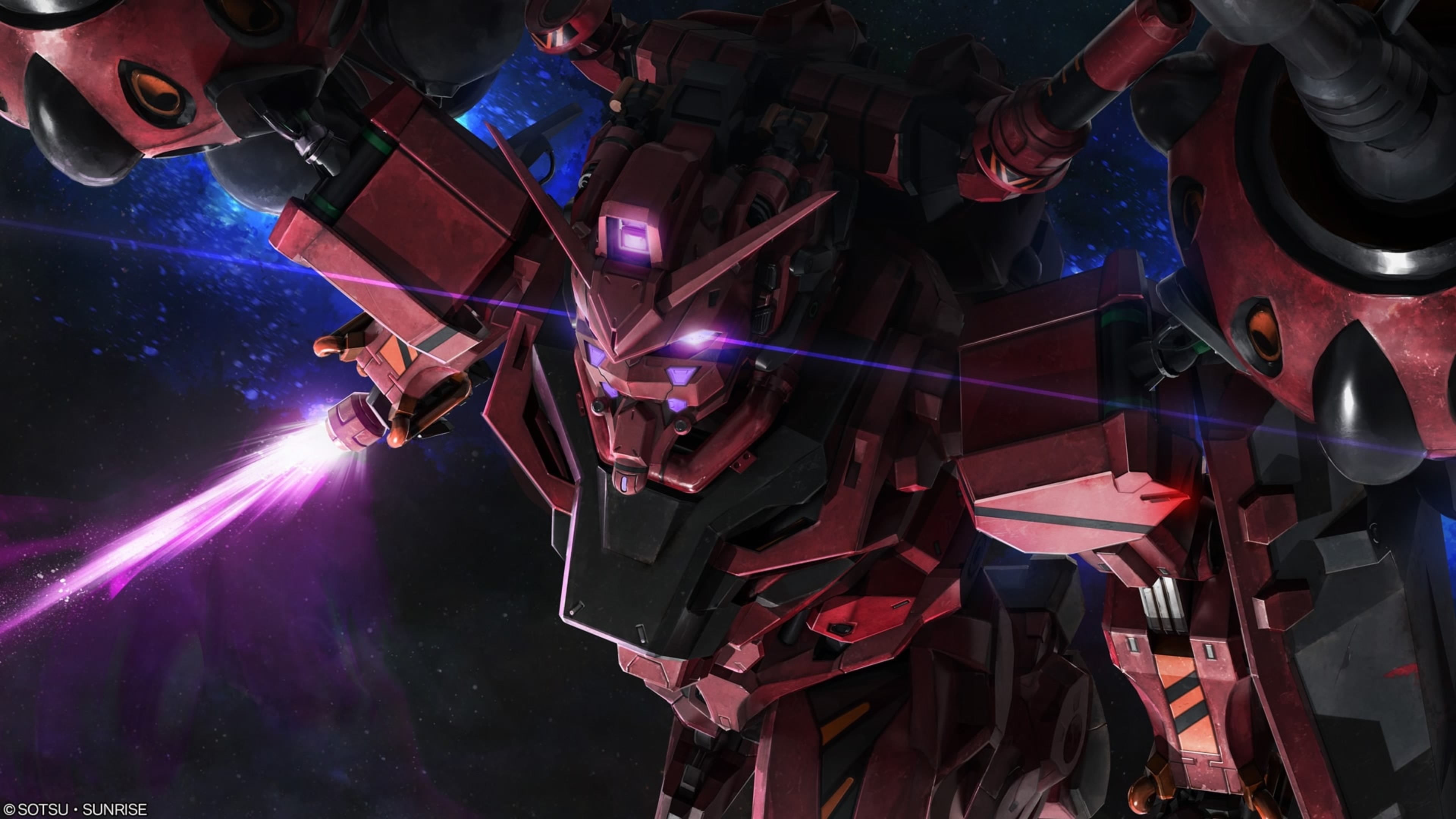 absurdres beam_cannon bit_(gundam) company_name copyright_notice energy energy_sword extra_eyes glowing glowing_eyes gundam gundam_battle_operation_2 gundam_gquuuuuux highres holding holding_sword holding_weapon lens_flare machinery mecha mecha_focus mobile_suit nebula no_humans official_art painting_(medium) purple_eyes realistic red_gundam robot scan science_fiction solo space star_(sky) sunrise_(company) sword tenjin_hidetaka thrusters traditional_media v-fin weapon zeon zero_gravity