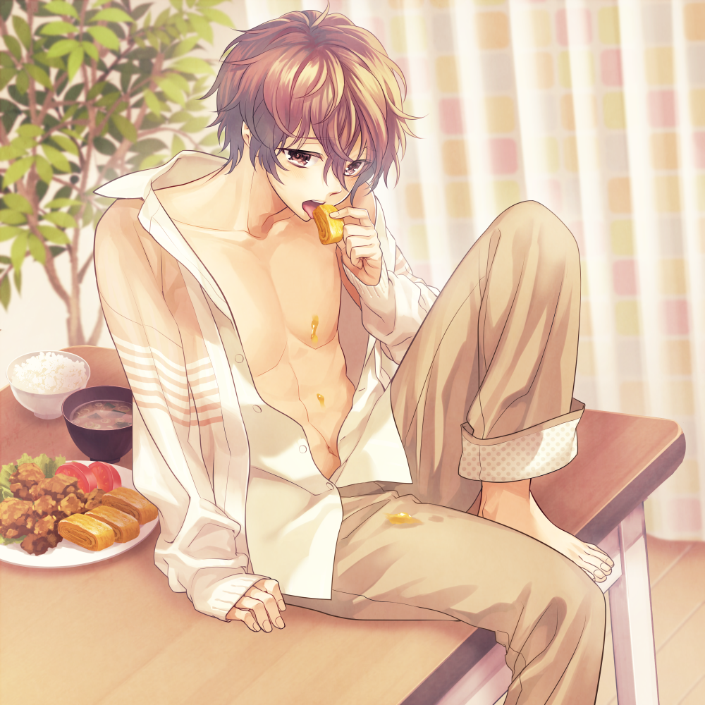 1boy baklava barefoot bowl brown_eyes brown_hair brown_pants burakon! curtains eating food honey indoors jacket looking_at_viewer male_focus minamibe navel official_art omelet on_table pants rice_bowl sitting solo soup suggestive_fluid table tamagoyaki tomato tree unbuttoned unbuttoned_shirt