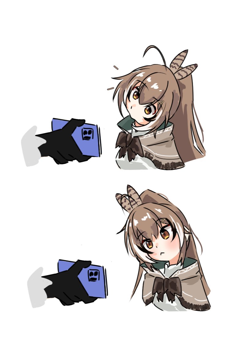 1girl ahoge bird blush brown_cloak brown_corset brown_eyes brown_hair cloak corset feather_hair_ornament feathers hair_ornament head_tilt hololive hololive_english long_hair looking_at_phone looking_to_the_side multicolored_hair nanashi_mumei nanashi_mumei_(1st_costume) owl owl_girl phone pt_teslakit streaked_hair virtual_youtuber white_background