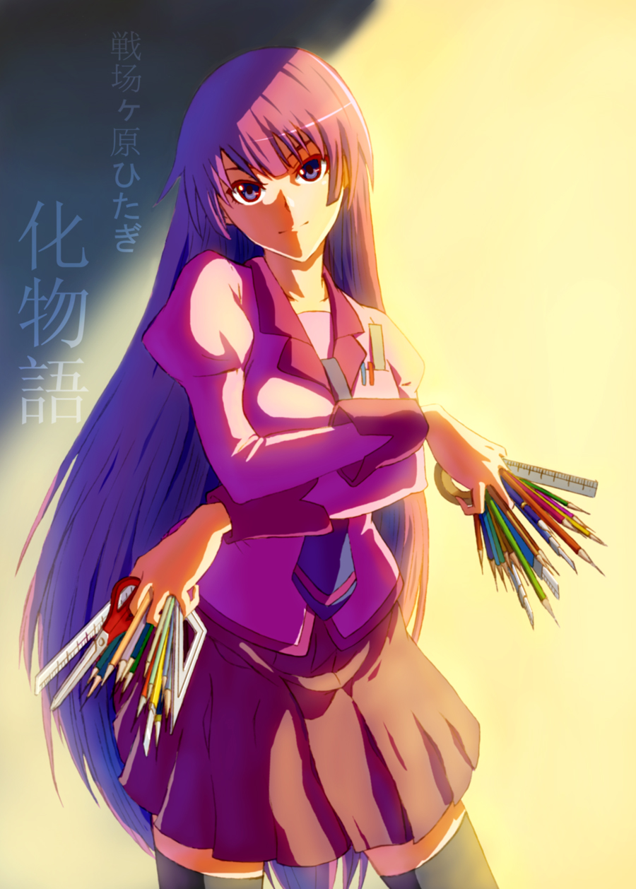 00s bakemonogatari blue_eyes highres long_hair monogatari_(series) necktie pen pencil purple_hair ruler school_uniform scissors senjougahara_hitagi set_square skirt stationery thighhighs windtalker zettai_ryouiki