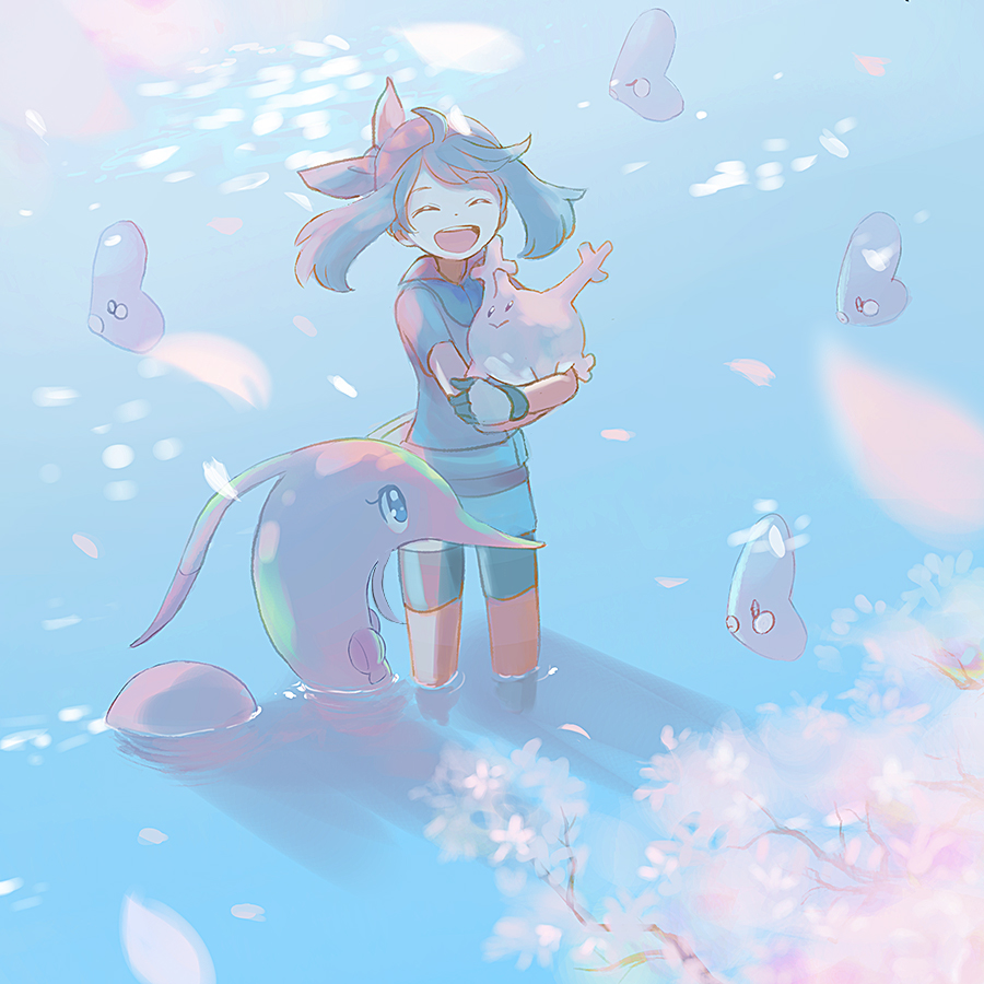 1girl :d ^_^ bag bandana bike_shorts bike_shorts_under_skirt brown_hair cherry_blossoms closed_eyes commentary_request corsola falling_petals fanny_pack game_freak gen_2_pokemon gen_3_pokemon gloves gorebyss happy holding holding_pokemon looking_at_viewer luvdisc may_(pokemon) medium_hair nintendo open_mouth outdoors petals pokemon pokemon_(creature) pokemon_rse popcorn_91 red_bandana red_shirt shirt short_sleeves skirt smile wading water white_gloves white_skirt