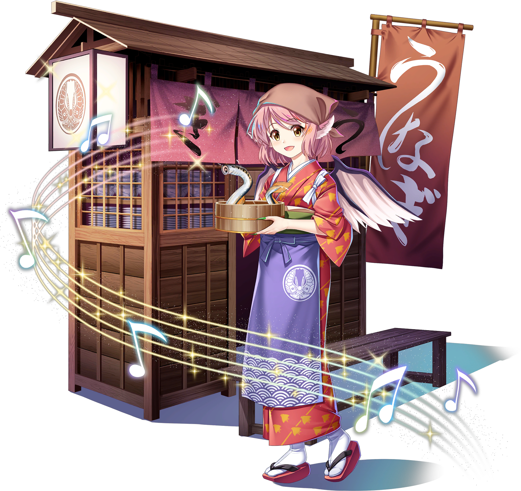 1girl alternate_costume animal_ears apron beamed_eighth_notes bird_ears bird_wings borrowed_design brown_eyes brown_headscarf eighth_note feathered_wings fingernails fish food_stand game_cg green_nails headscarf highres japanese_clothes kimono lamprey long_fingernails long_sleeves looking_at_viewer medium_hair musical_note musical_staff mystia_lorelei mystia_lorelei_(lamprey_stand_chef) noren obi official_art okamisty okobo open_mouth pink_hair platform_sandals purple_apron red_kimono rotte_(1109) sand sandals sash scarf_on_head seigaiha smile socks solo tabi tasuki third-party_source touhou touhou_lostword translation_request transparent_background white_socks white_wings wide_sleeves wings yatai