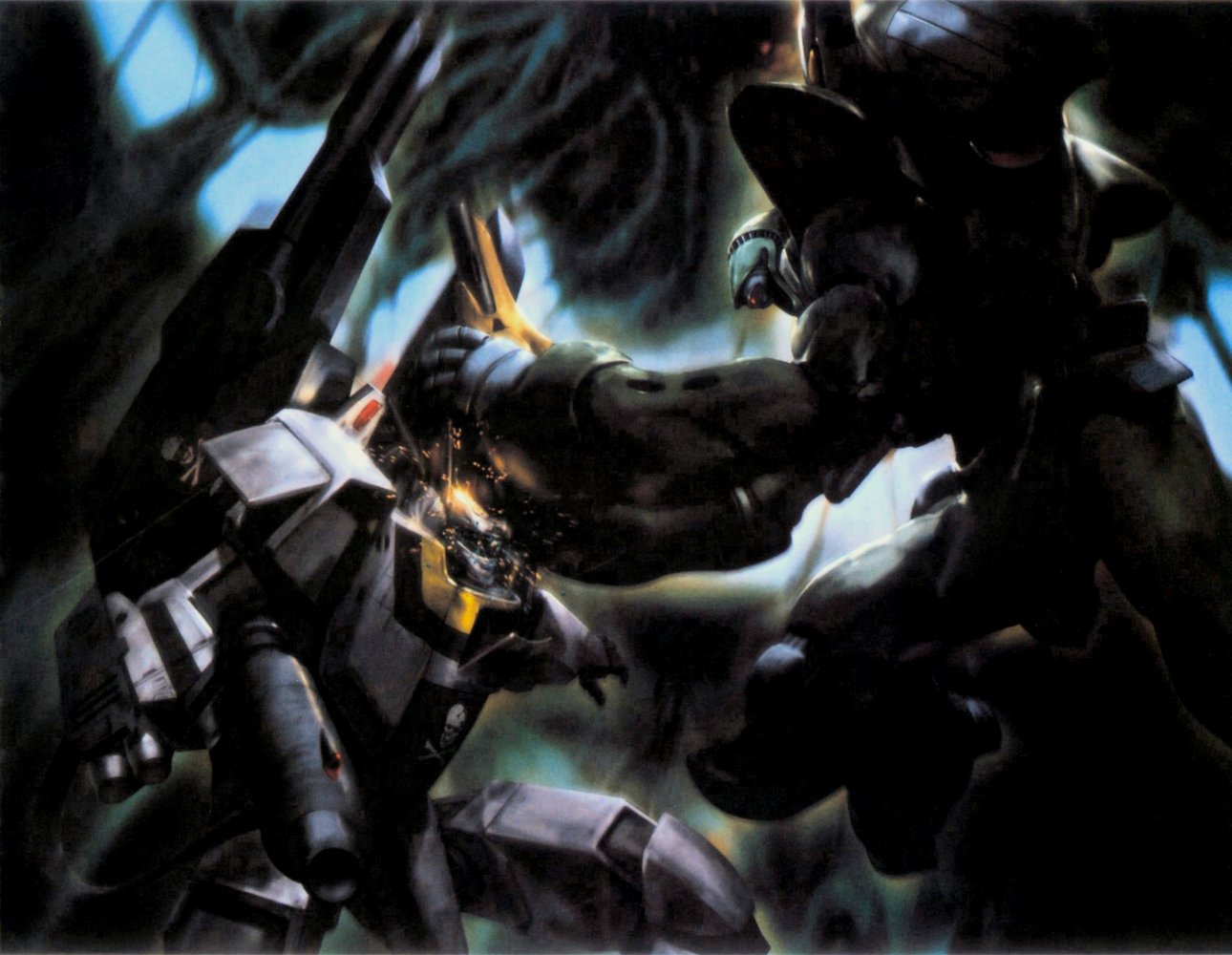 1980s_(style) alien armor battle cannon choujikuu_yousai_macross damaged epic flemenmik giant gun gunpod macross macross:_do_you_remember_love? mecha missile nousjadeul-ger official_art oldschool power_armor power_suit production_art punching quamzin_kravshera realistic retro_artstyle robot roy_focker scan skull_and_crossbones spacecraft spoilers vf-1 vf-1_strike vf-1s weapon zentradi