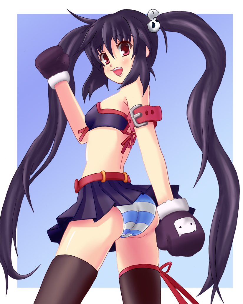 black_hair gloves ikki_(dog_cafe) kooh long_hair miniskirt pangya panties red_eyes skirt solo striped_clothes striped_panties thighhighs twintails underwear zettai_ryouiki