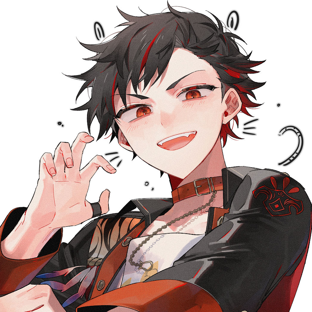 1boy anight belt_collar black_hair black_jacket collar ensemble_stars! fangs jacket jewelry male_focus multicolored_hair nagumo_tetora official_alternate_costume open_mouth parted_bangs paw_pose red_collar red_eyes ring short_hair simple_background smile solo streaked_hair teeth upper_teeth_only white_background