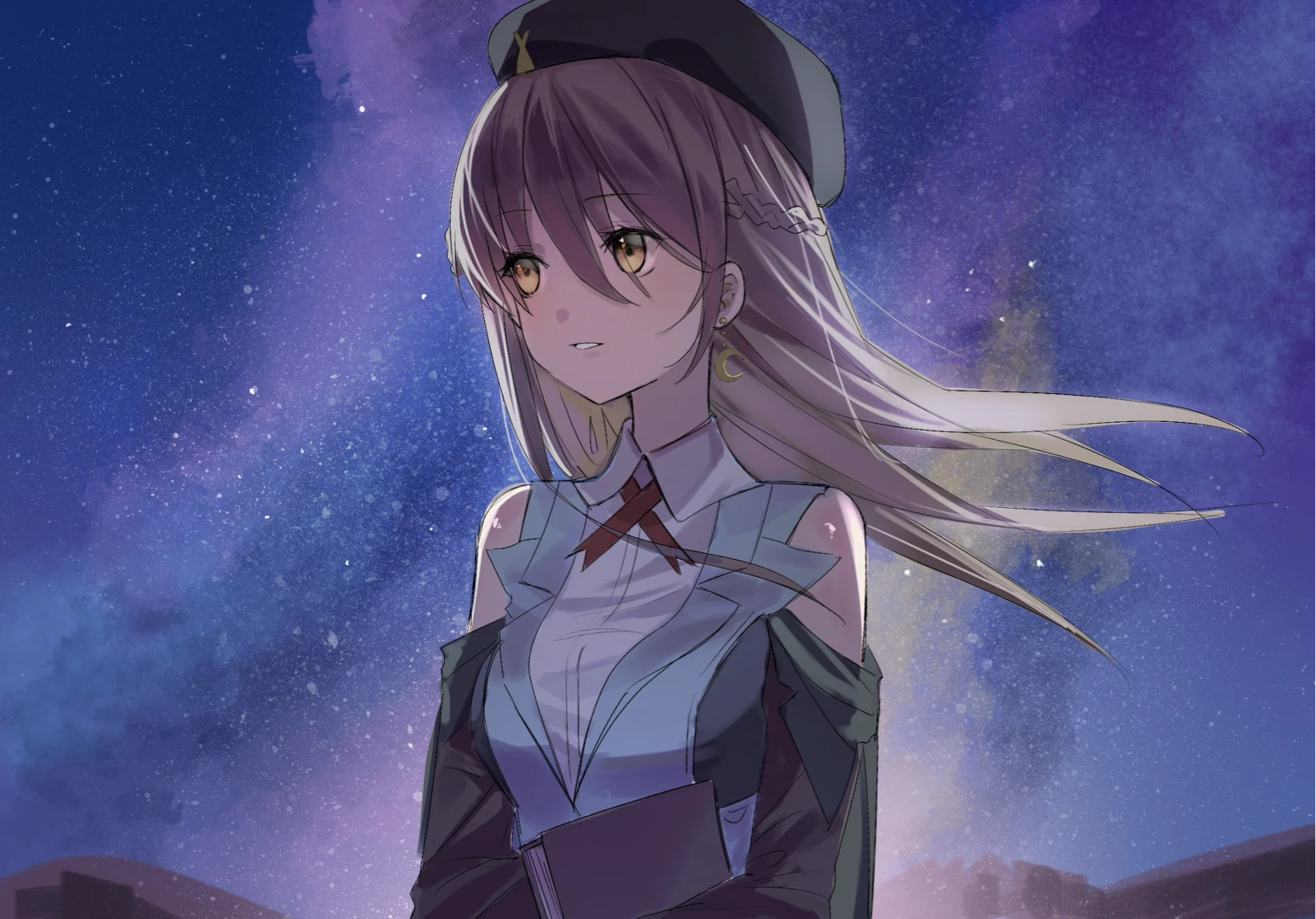 1girl beret braid breasts brown_hair crescent crescent_earrings earrings hair_ornament half_up_braid hat heaven_burns_red jewelry kr_woyue large_breasts long_hair night night_sky ooshima_ichiko sky solo star_(sky) starry_sky yellow_eyes
