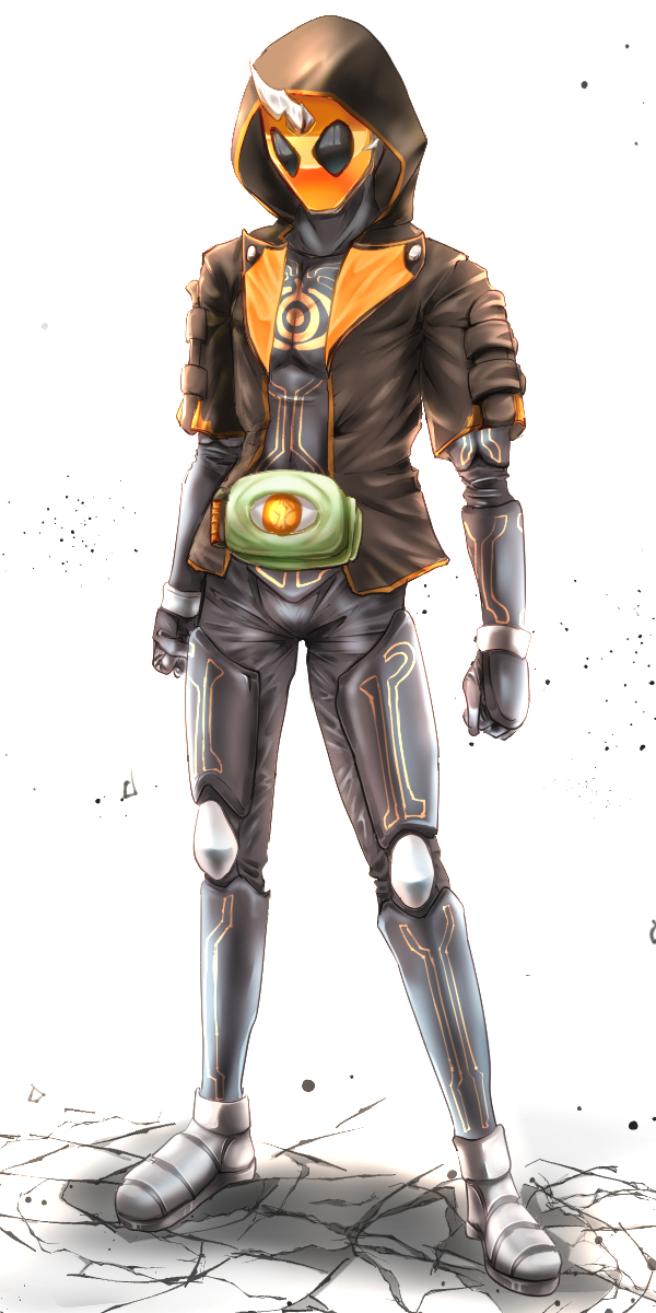 1boy belt commentary_request ghost_driver glowing highres hood horns jacket kamen_rider kamen_rider_ghost kamen_rider_ghost_(series) mask na_be_ko parka single_horn solo standing sword tokusatsu weapon